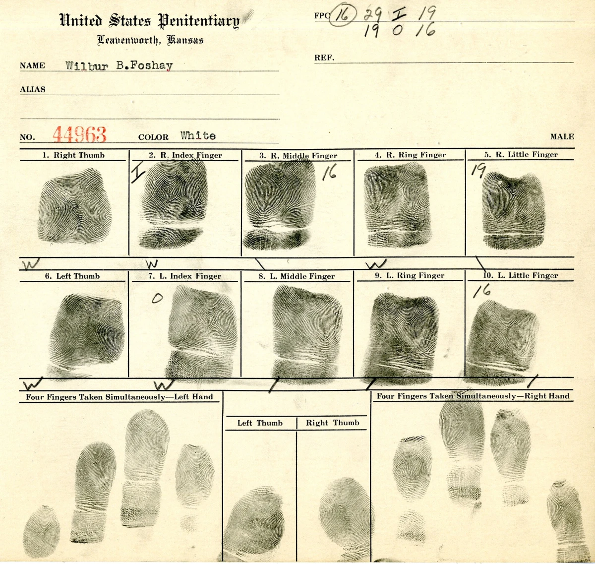 An old federal prison fingerprint card from Leavenworth, Kansas, with ten inked prints