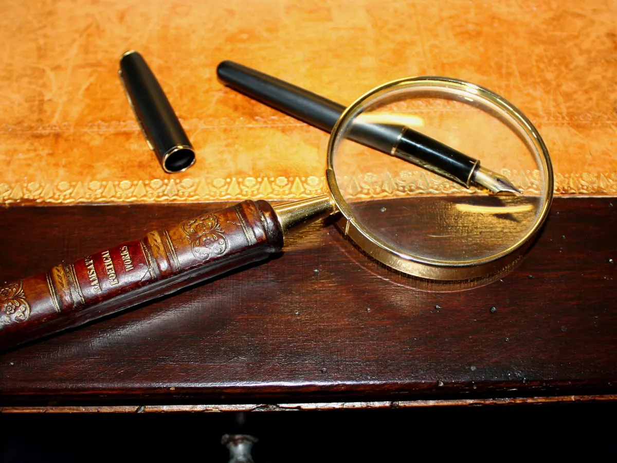 A magnifying glass and fountain pens on an old wooden table