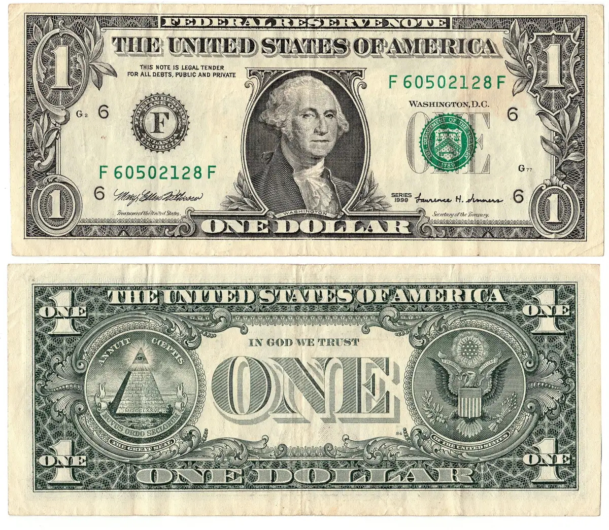 The front and back of a U.S. one dollar bill