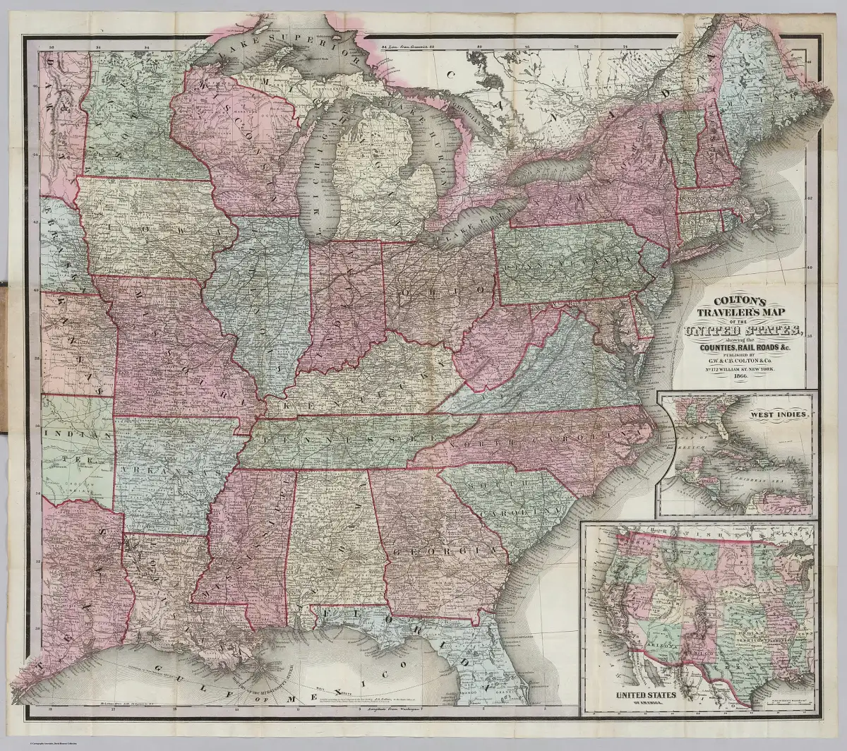 An old printed map of the United States with colored states